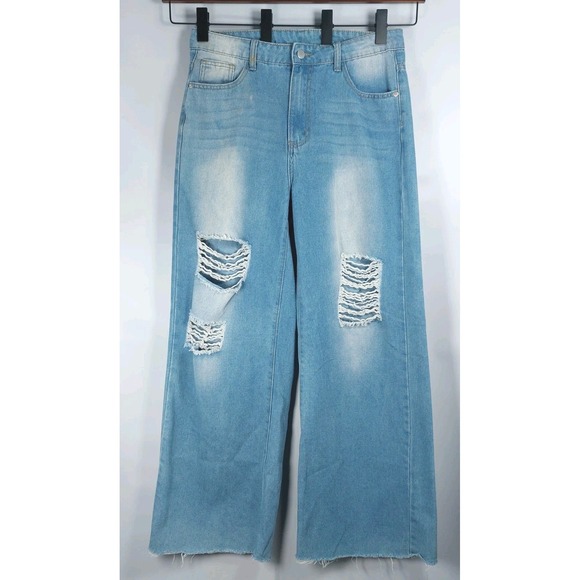 SHEIN Pants - Shein Womens High Waist Wideleg Straight Jeans Sz L Distressed Pockets Lt Blue